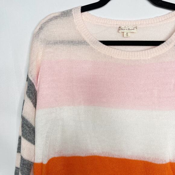 New Hem & Thread Large L Pink Orange Gray Striped Lightweight Sweater Crew Neck - Picture 3 of 10